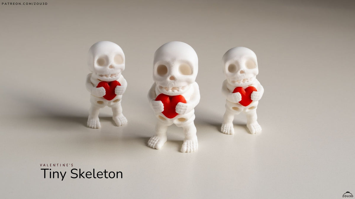 Three small skeleton figures holding red hearts on a neutral background