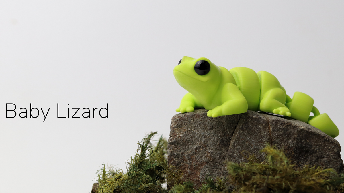 Toy lizard on a rock with 'Baby Lizard' text and a brand logo.