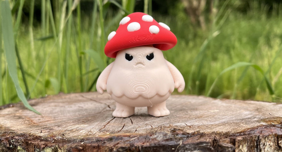 Grumpy mushroom character waiting for you to fill your basket