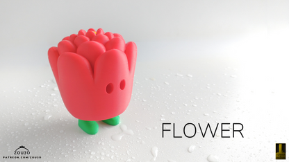 Red Flower fidget toy shaped like a rose bud with green leaves