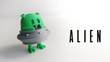 Green Alien sitting in a grey flying saucer