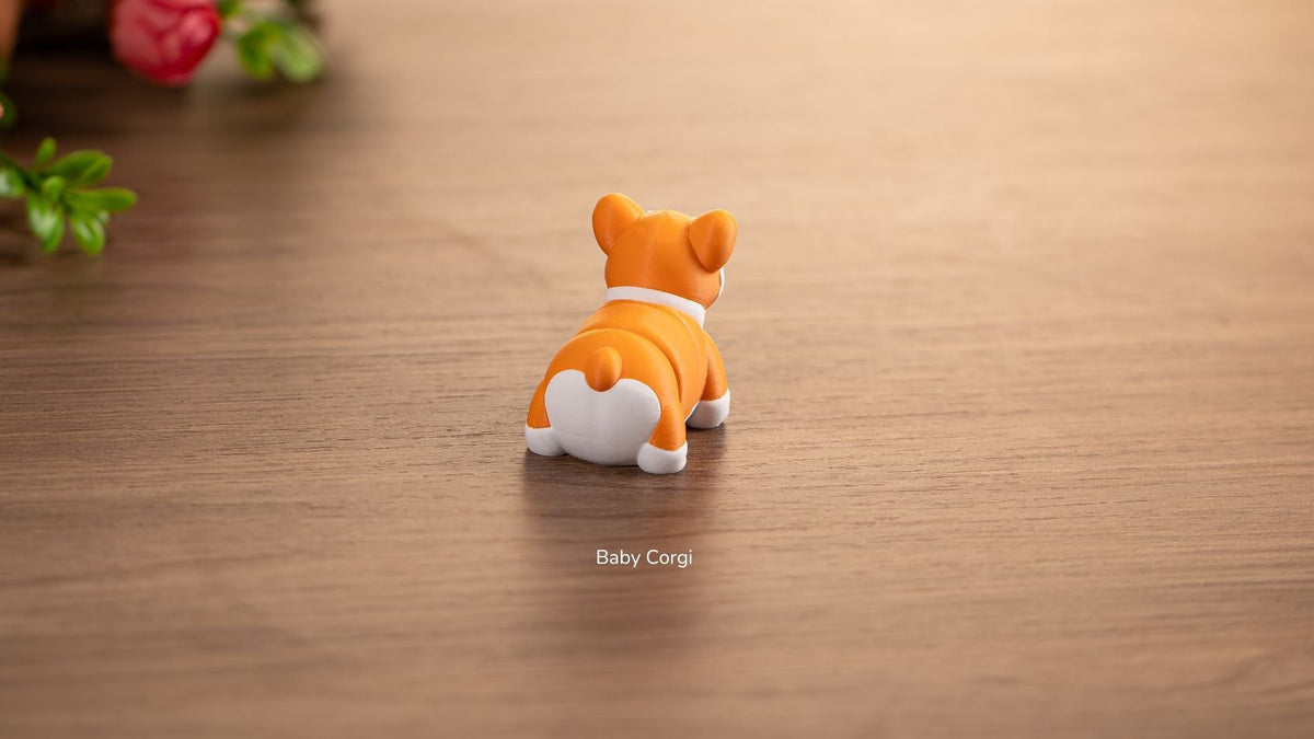 Baby Corgi fidget toy walking on a wooden table
