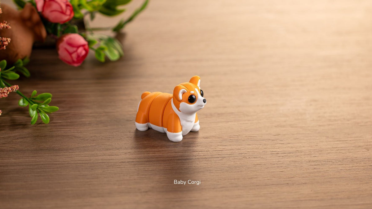 Baby Corgi with flowers behind