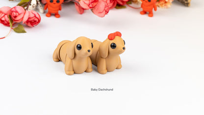 Pair of tan Baby Dachshunds in front of pink flowers