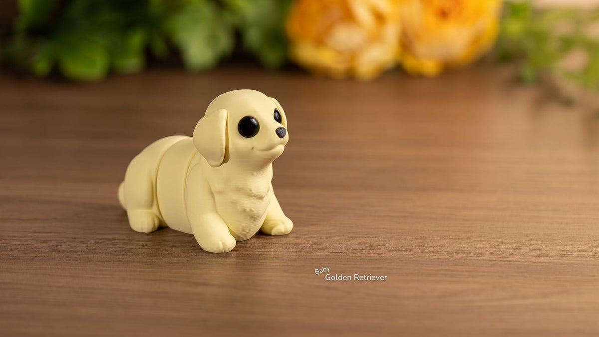 Baby Golden Retriever with flowers behind