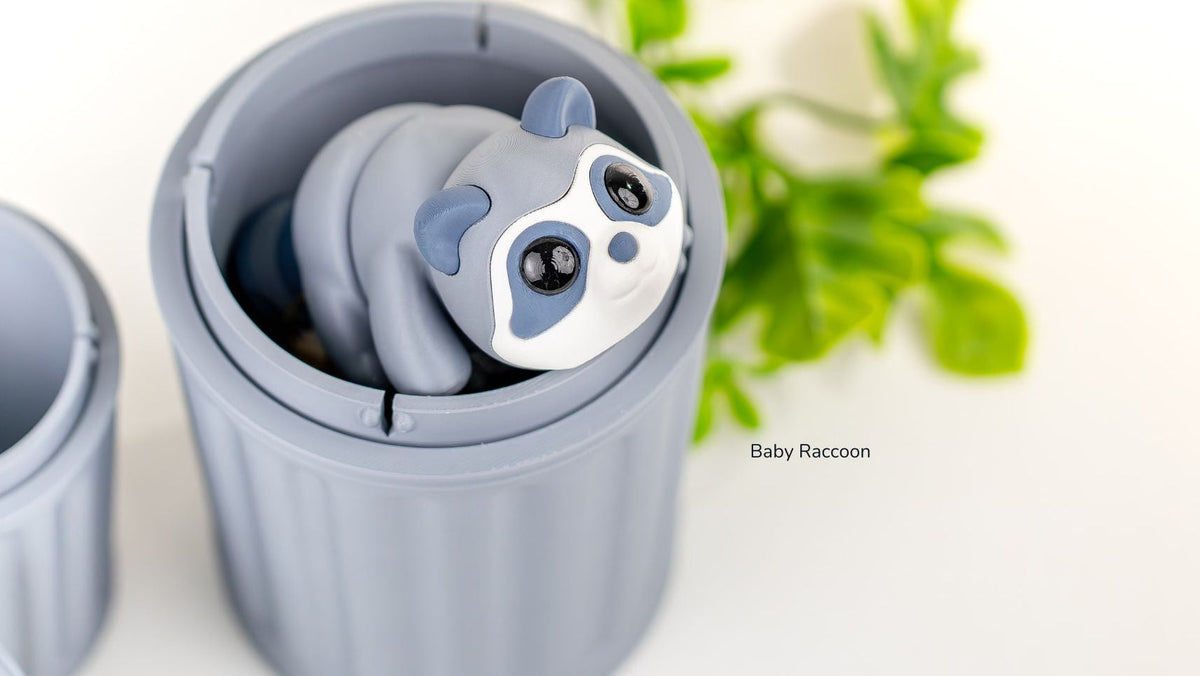 Grey Baby Raccoon peeking out of a Trash Can