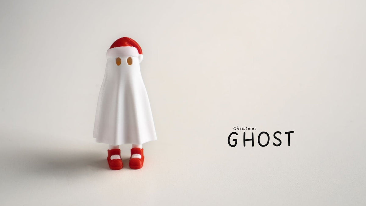 Ghost-like figure with a white robe, red shoes, and hat on a light gray background.