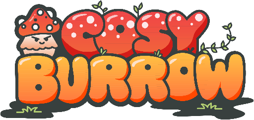 Red text cosy, with orange text burrow and a small mushroom character with angry eyes