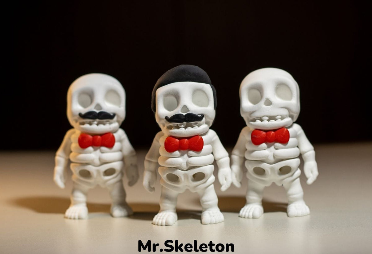 Three skeleton figures with red bow ties labeled 'Mr. Skeleton' on a dark background.