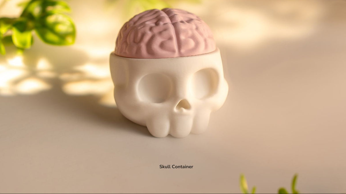 White Skull Container with pink brain lid among leaves