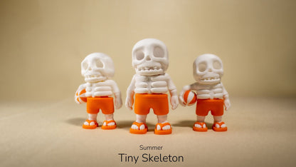 Three small skeleton figures in orange shorts on a beige background with 'Summer Tiny Skeleton' text.