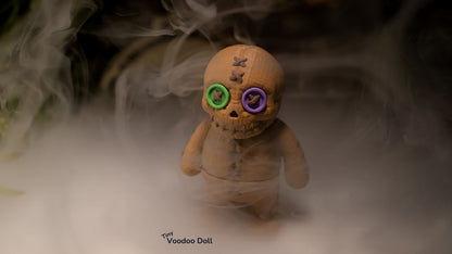Tiny Voodoo Doll, close up of button eyes