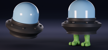 Two UFO toys with clear domes and green aliens