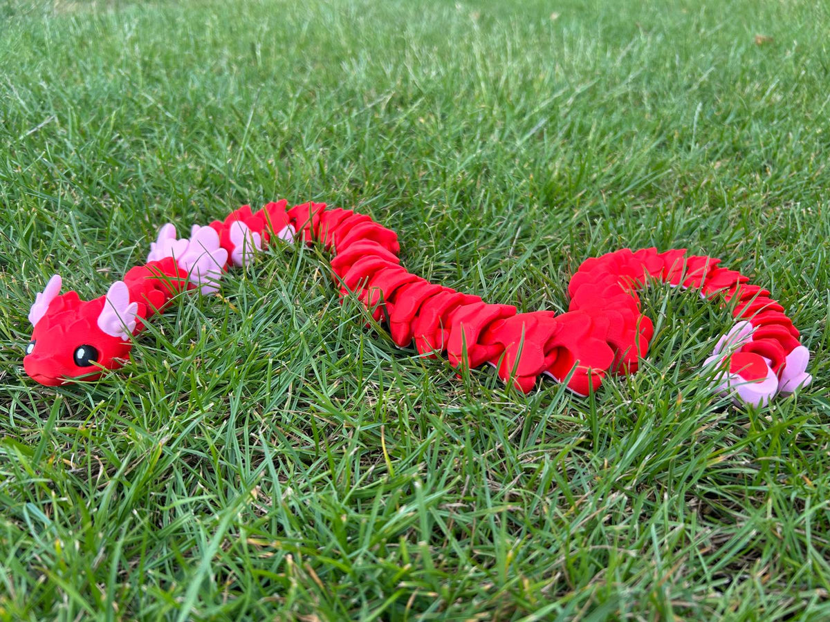 Red Cupid Snake with pink heart segments on green grass
